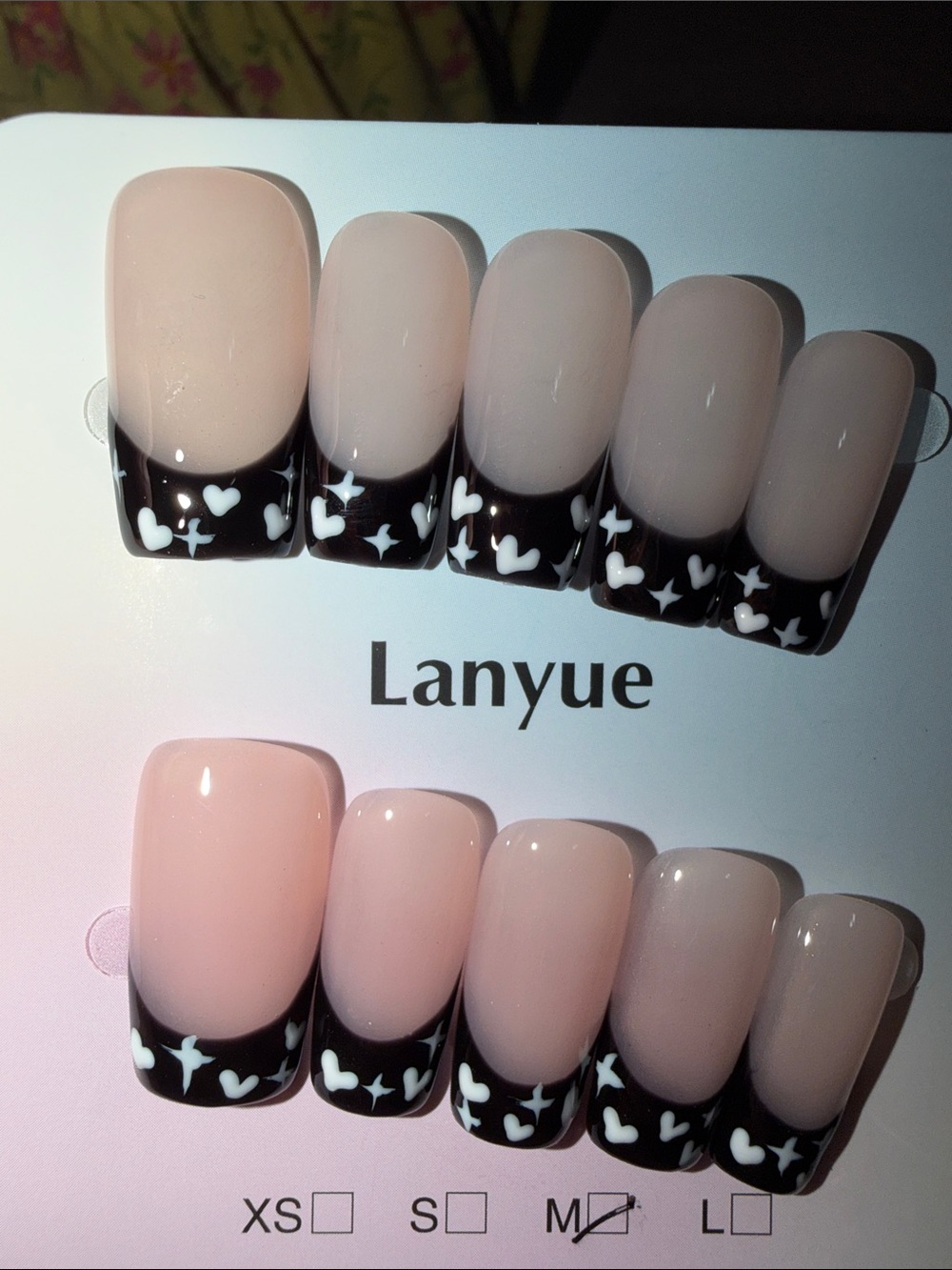Lanyue Nude Pink Press-On Nails with Black Heart French Tips